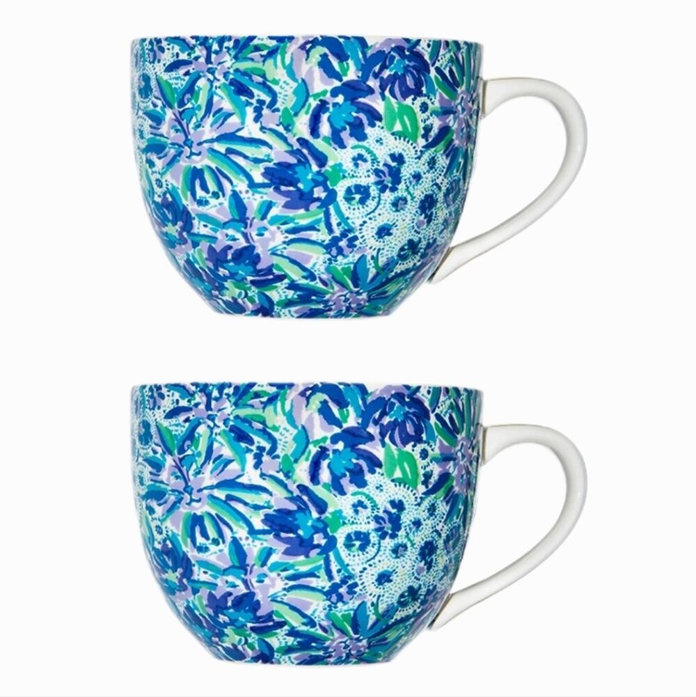 Lilly Pulitzer Blue White Floral Gold Ceramic Coffee Mugs Tea Cups Set of 2